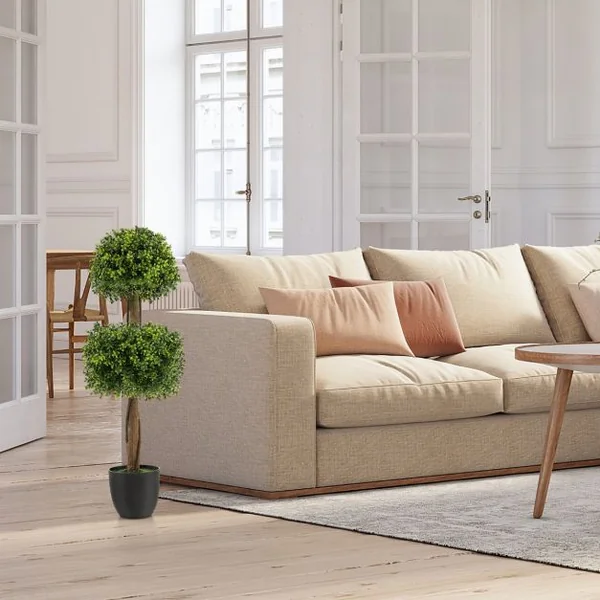 Arbre Topiaire en Buis Artificiel 100 cm avec 2 Boules Fausse Plante avec Pot en PE Rempli de Ciment Résistant aux UV pour Décoration de Entrée Vert
