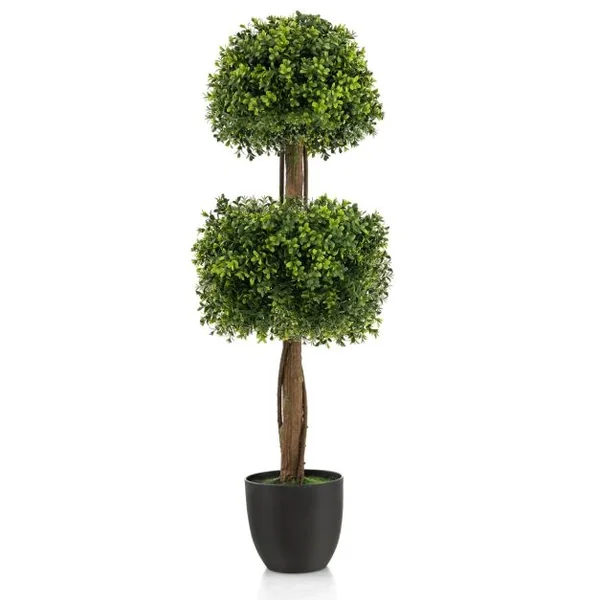Arbre Topiaire en Buis Artificiel 100 cm avec 2 Boules Fausse Plante avec Pot en PE Rempli de Ciment Résistant aux UV pour Décoration de Entrée Vert