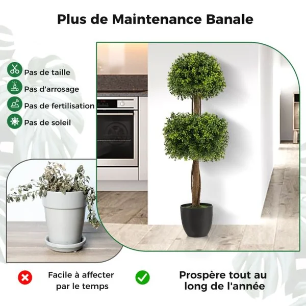 Arbre Topiaire en Buis Artificiel 100 cm avec 2 Boules Fausse Plante avec Pot en PE Rempli de Ciment Résistant aux UV pour Décoration de Entrée Vert