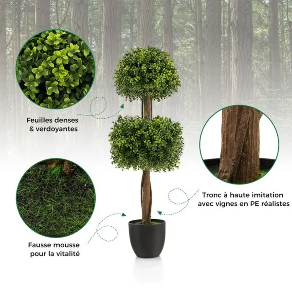 Arbre Topiaire en Buis Artificiel 100 cm avec 2 Boules Fausse Plante avec Pot en PE Rempli de Ciment Résistant aux UV pour Décoration de Entrée Vert