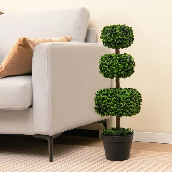 Arbre Topiaire en Buis Artificiel 75 cm de Forme Triple Carrée Fausse Plante de Buis avec Pot en Plastique Rempli de Ciment Vert