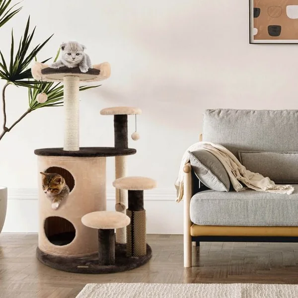Arbre à Chat 102 CM avec Griffoirs 3 Boules en Peluche et Niche à 2 Niveaux 4 Plates-formes pour Chaton et Chat Café