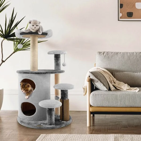 Arbre à Chat 102 CM avec Griffoirs 3 Boules en Peluche et Niche à 2 Niveaux 4 Plates-formes pour Chaton et Chat Gris