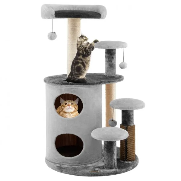 Arbre à Chat 102 CM avec Griffoirs 3 Boules en Peluche et Niche à 2 Niveaux 4 Plates-formes pour Chaton et Chat Gris