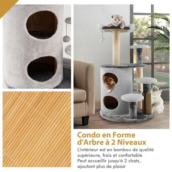 Arbre à Chat 102 CM avec Griffoirs 3 Boules en Peluche et Niche à 2 Niveaux 4 Plates-formes pour Chaton et Chat Gris