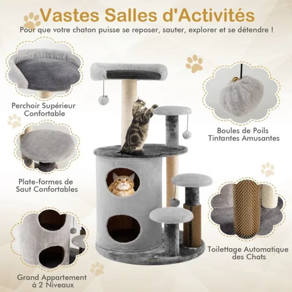 Arbre à Chat 102 CM avec Griffoirs 3 Boules en Peluche et Niche à 2 Niveaux 4 Plates-formes pour Chaton et Chat Gris