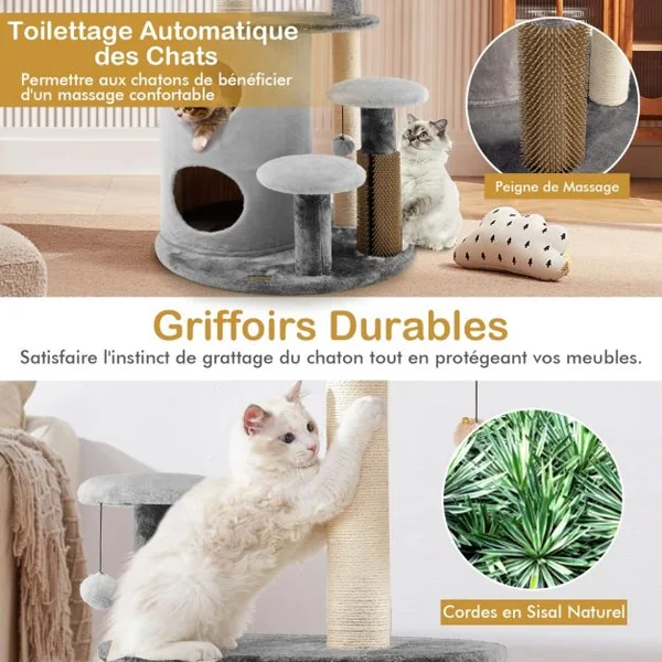 Arbre à Chat 102 CM avec Griffoirs 3 Boules en Peluche et Niche à 2 Niveaux 4 Plates-formes pour Chaton et Chat Gris
