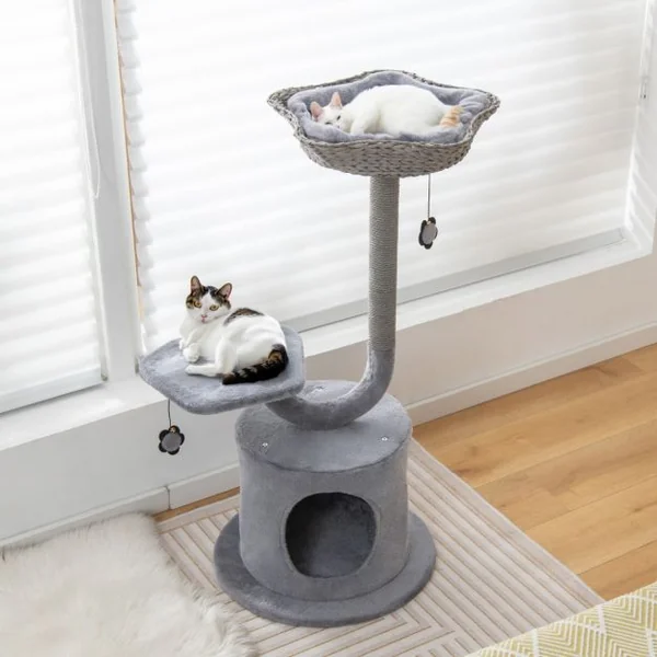 Arbre à chat 106 CM Perchoir Condo et 2 Balles Suspendues Tour à Chat Poteaux de Soutien en Métal et Coussin Amovible Gris
