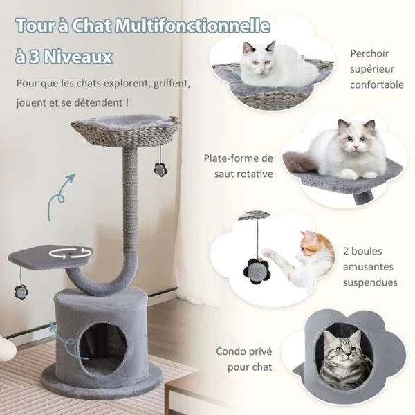 Arbre à chat 106 CM Perchoir Condo et 2 Balles Suspendues Tour à Chat Poteaux de Soutien en Métal et Coussin Amovible Gris