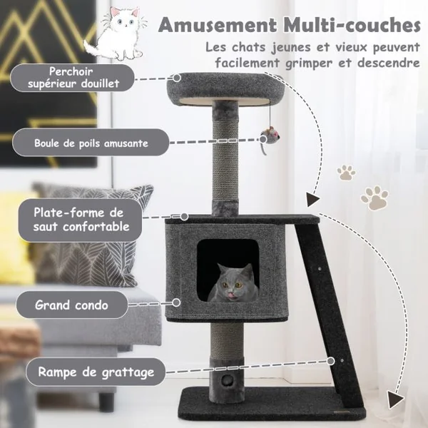 Arbre à Chat 108CM avec Poteaux à Griffer, Condo, Pompon Suspendu et Perchoir, Tour de Jeux pour Chats avec Rampe en Sisal Gris