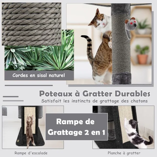 Arbre à Chat 108CM avec Poteaux à Griffer, Condo, Pompon Suspendu et Perchoir, Tour de Jeux pour Chats avec Rampe en Sisal Gris