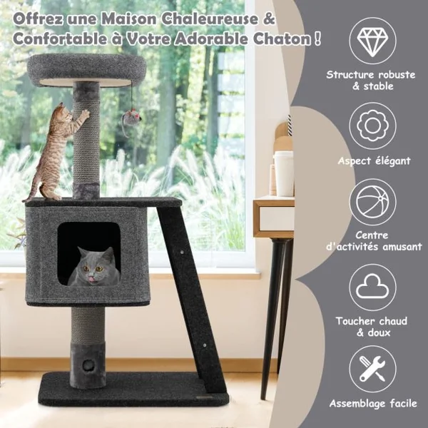 Arbre à Chat 108CM avec Poteaux à Griffer, Condo, Pompon Suspendu et Perchoir, Tour de Jeux pour Chats avec Rampe en Sisal Gris