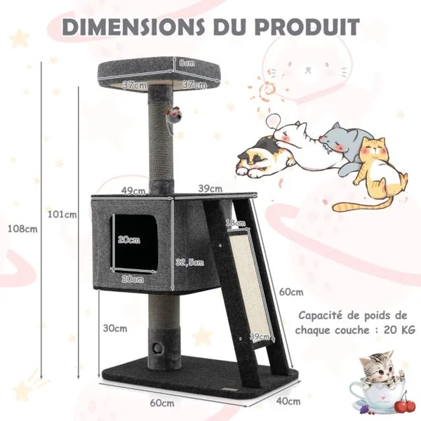 Arbre à Chat 108CM avec Poteaux à Griffer, Condo, Pompon Suspendu et Perchoir, Tour de Jeux pour Chats avec Rampe en Sisal Gris