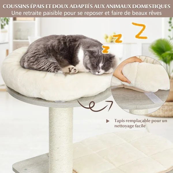 Arbre à Chat 117CM en Bois avec Plate-Forme Griffoirs et Coussins Lavables Centre d'Activités pour Chat Chaton