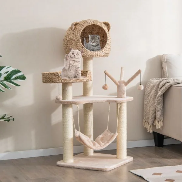 Arbre à Chat 121 CM à 5 Niveaux avec Boules et Hamac Suspendues Centre d'Activités pour Chats avec Niche et Poteaux en Sisal