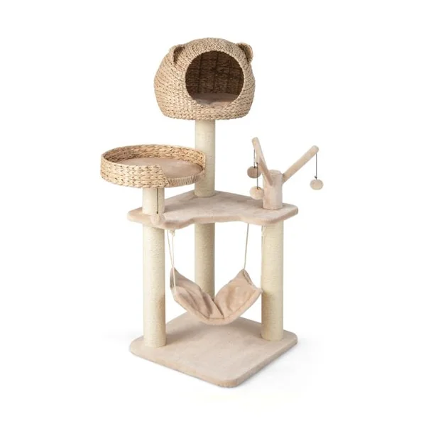 Arbre à Chat 121 CM à 5 Niveaux avec Boules et Hamac Suspendues Centre d'Activités pour Chats avec Niche et Poteaux en Sisal