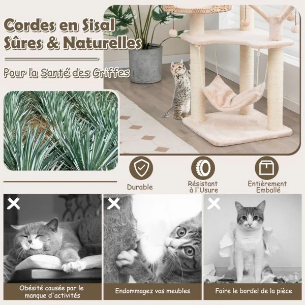 Arbre à Chat 121 CM à 5 Niveaux avec Boules et Hamac Suspendues Centre d'Activités pour Chats avec Niche et Poteaux en Sisal