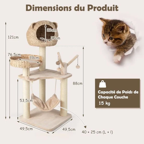Arbre à Chat 121 CM à 5 Niveaux avec Boules et Hamac Suspendues Centre d'Activités pour Chats avec Niche et Poteaux en Sisal
