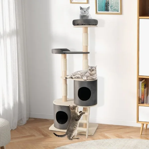 Arbre à Chat 160 CM avec Échelle en Sisal et Coussin Amovible Centre d'Activités pour Chat avec 2 Condos Confortables Gris
