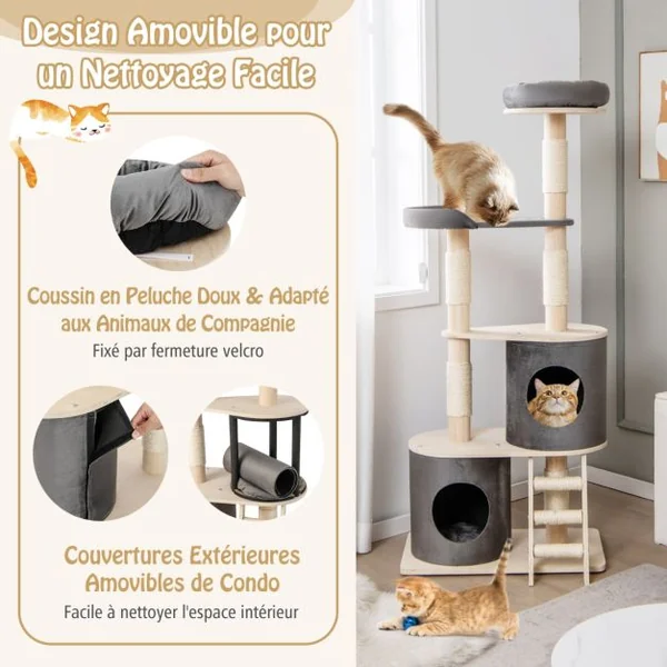 Arbre à Chat 160 CM avec Échelle en Sisal et Coussin Amovible Centre d'Activités pour Chat avec 2 Condos Confortables Gris