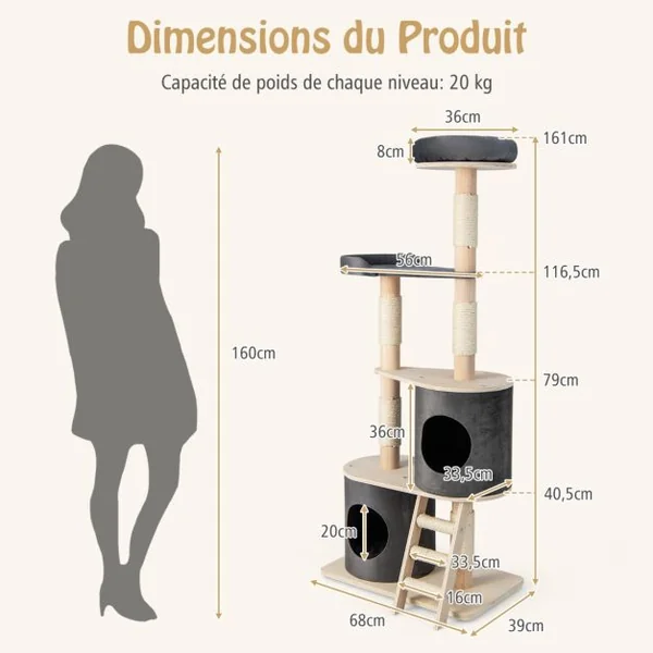 Arbre à Chat 160 CM avec Échelle en Sisal et Coussin Amovible Centre d'Activités pour Chat avec 2 Condos Confortables Gris