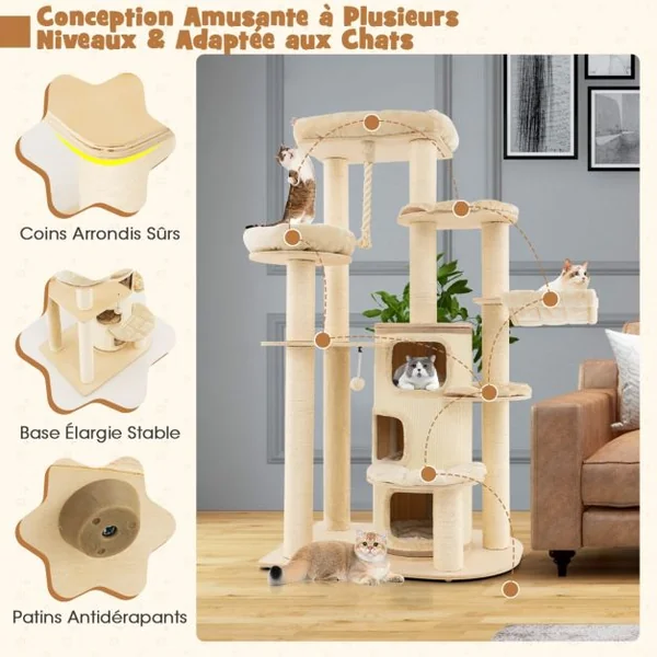 Arbre à Chat 173CM 3 Condos 2 Perchoirs Hamac Tour à chat Griffoir Poteaux sisal boule à ressort Beige