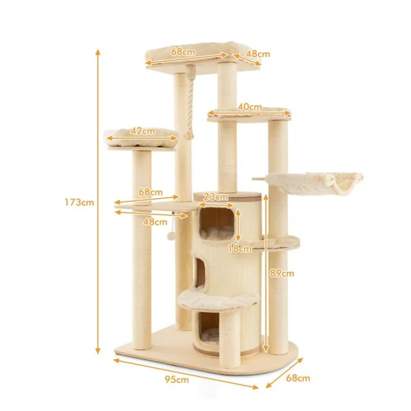 Arbre à Chat 173CM 3 Condos 2 Perchoirs Hamac Tour à chat Griffoir Poteaux sisal boule à ressort Beige
