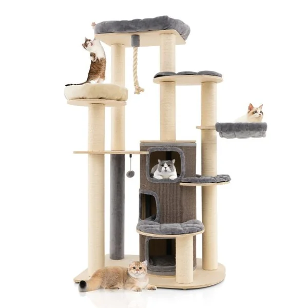 Arbre à Chat 173CM 3 Condos 2 Perchoirs Hamac Tour à chat Griffoir Poteaux sisal boule à ressort Gris