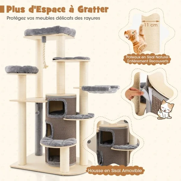 Arbre à Chat 173CM 3 Condos 2 Perchoirs Hamac Tour à chat Griffoir Poteaux sisal boule à ressort Gris