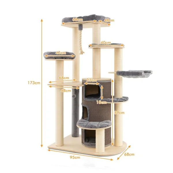 Arbre à Chat 173CM 3 Condos 2 Perchoirs Hamac Tour à chat Griffoir Poteaux sisal boule à ressort Gris