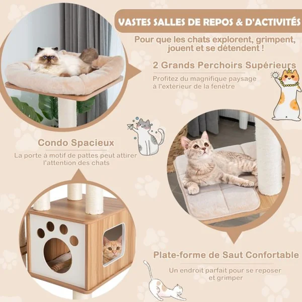 Arbre à Chat 175CM à 6 Niveaux avec Niche et Coussin Amovible Grande Tour de Jeu pour Chat avec Poteaux en Sisal Beige