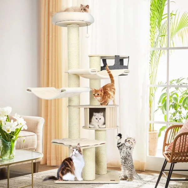 Arbre à Chat 197CM avec 2 Hamac Perchoir Poteaux à Griffer et Niche Tour de Jeux pour Chats avec 2 Pompon Suspendu Beige