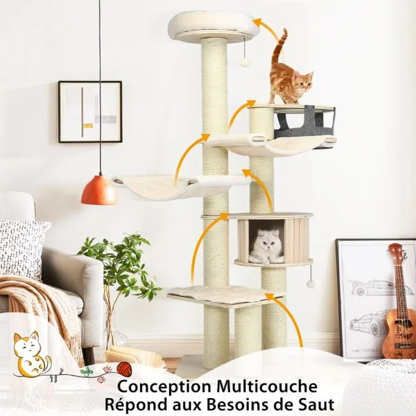 Arbre à Chat 197CM avec 2 Hamac Perchoir Poteaux à Griffer et Niche Tour de Jeux pour Chats avec 2 Pompon Suspendu Beige