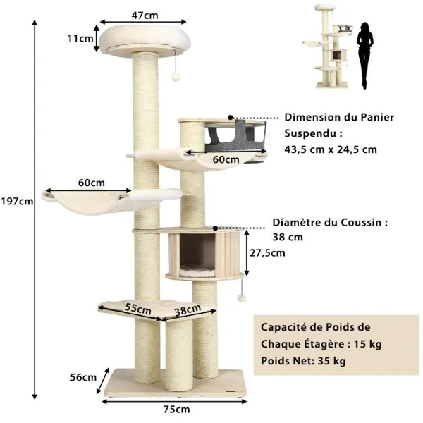 Arbre à Chat 197CM avec 2 Hamac Perchoir Poteaux à Griffer et Niche Tour de Jeux pour Chats avec 2 Pompon Suspendu Beige