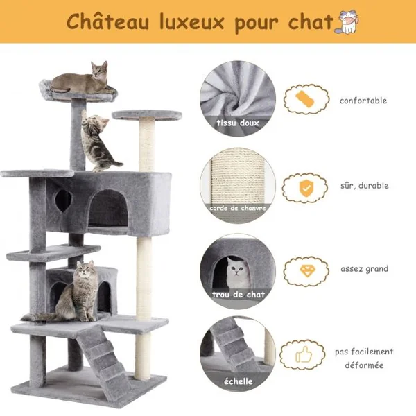 Arbre à chat 3 Niveaux avec Griffoir 5 Glateformes 2 Condos 1 Rampe, en MDF et Sisal, 50 x 50 x 130 cm, Gris