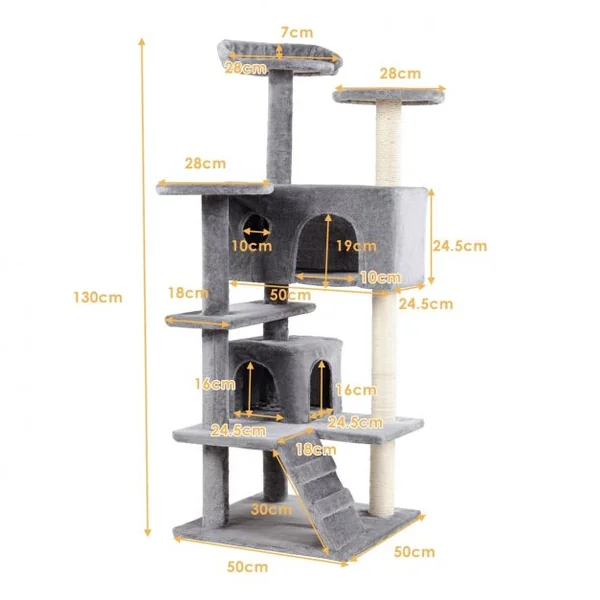 Arbre à chat 3 Niveaux avec Griffoir 5 Glateformes 2 Condos 1 Rampe, en MDF et Sisal, 50 x 50 x 130 cm, Gris