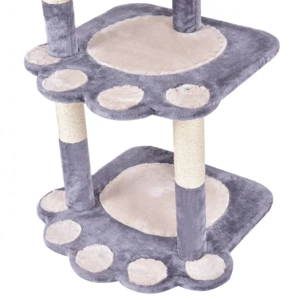 Arbre à Chat 4 niveaux avec Griffoir en sisal/Centre d'Activités avec motif de pattes, 60 x 56 x 100 cm, Gris