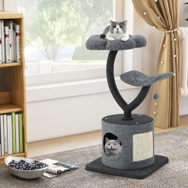Arbre à Chat 88CM avec Perchoir et Balle Suspendue Tour à Chat avec Poteaux de Soutien en Métal et housse de Condo Amovible Gris
