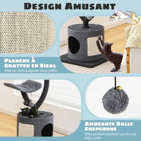Arbre à Chat 88CM avec Perchoir et Balle Suspendue Tour à Chat avec Poteaux de Soutien en Métal et housse de Condo Amovible Gris