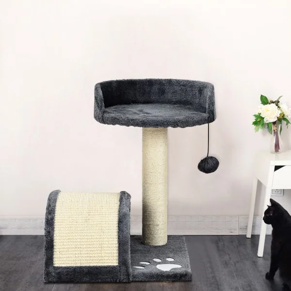 Arbre à Chat avec 1 Plateforme 1 Griffoir en Arc 1 Balle Suspendue, en MDF et Sisal, 35,5 x 35,5 x 44 cm, Gris
