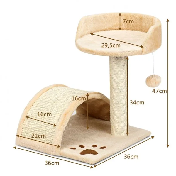 Arbre à Chat avec 1 Plateforme 1 Griffoir en Arc 1 Balle Suspendue, en MDF et Sisal, 35,5 x 35,5 x 44 cm, Gris