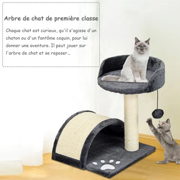 Arbre à Chat avec 1 Plateforme 1 Griffoir en Arc 1 Balle Suspendue, en MDF et Sisal, 35,5 x 35,5 x 44 cm, Gris