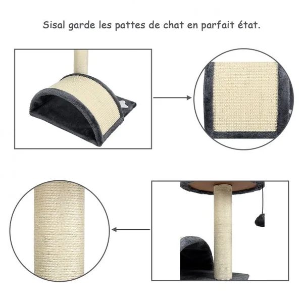 Arbre à Chat avec 1 Plateforme 1 Griffoir en Arc 1 Balle Suspendue, en MDF et Sisal, 35,5 x 35,5 x 44 cm, Gris