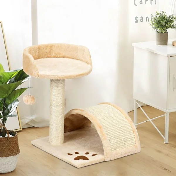 Arbre à Chat avec 1 Plateforme 1 Griffoir en Arc 1 Balle Suspendue, en MDF et Sisal, 35,5 x 35,5 x 44 cm, Gris