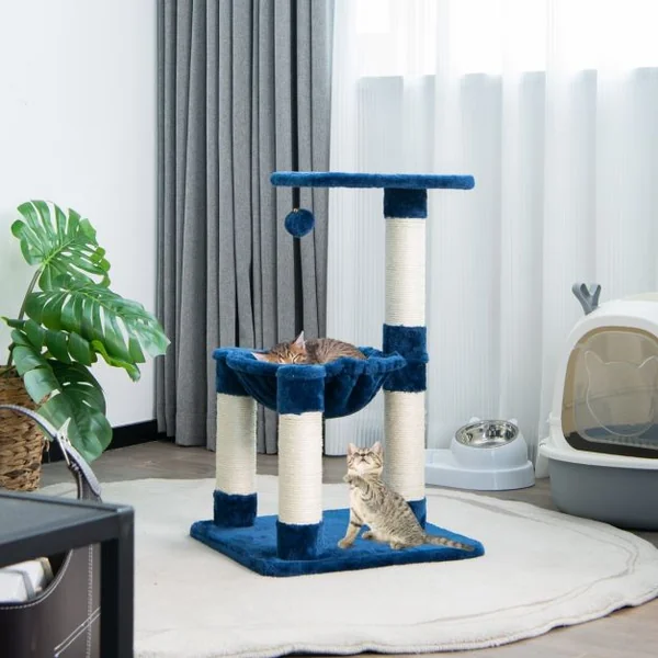 Arbre à Chat avec Griffoir de Sisal Hamac Confortable Balle Suspendue à Jouer Grande Plate-forme 40 x 40 x 64cm Gris/Bleu Marine