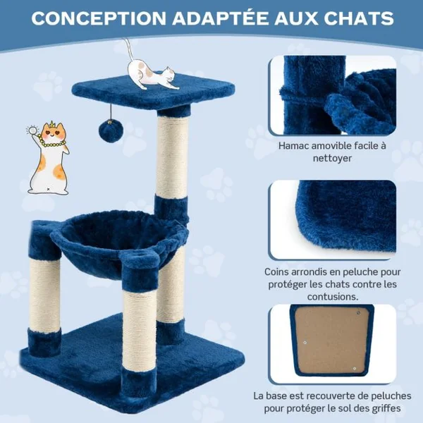 Arbre à Chat avec Griffoir de Sisal Hamac Confortable Balle Suspendue à Jouer Grande Plate-forme 40 x 40 x 64cm Gris/Bleu Marine