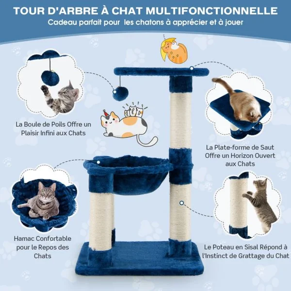 Arbre à Chat avec Griffoir de Sisal Hamac Confortable Balle Suspendue à Jouer Grande Plate-forme 40 x 40 x 64cm Gris/Bleu Marine