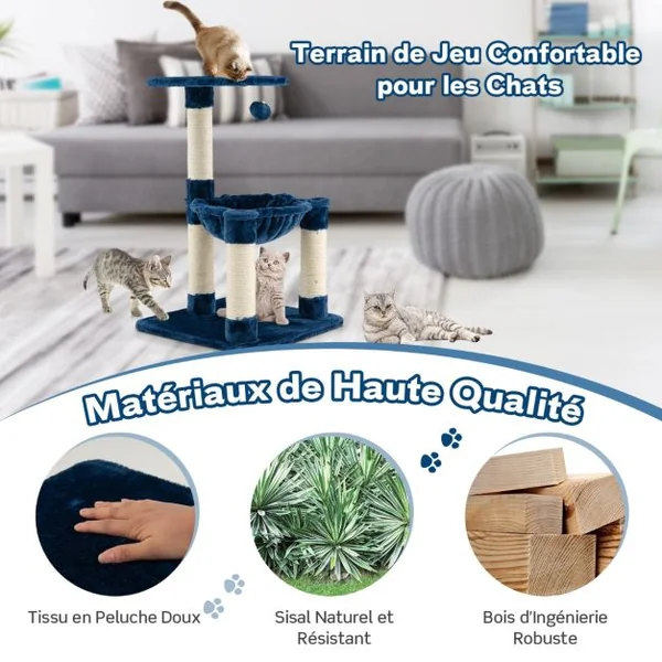 Arbre à Chat avec Griffoir de Sisal Hamac Confortable Balle Suspendue à Jouer Grande Plate-forme 40 x 40 x 64cm Gris/Bleu Marine