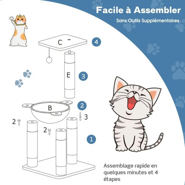 Arbre à Chat avec Griffoir de Sisal Hamac Confortable Balle Suspendue à Jouer Grande Plate-forme 40 x 40 x 64cm Gris/Bleu Marine