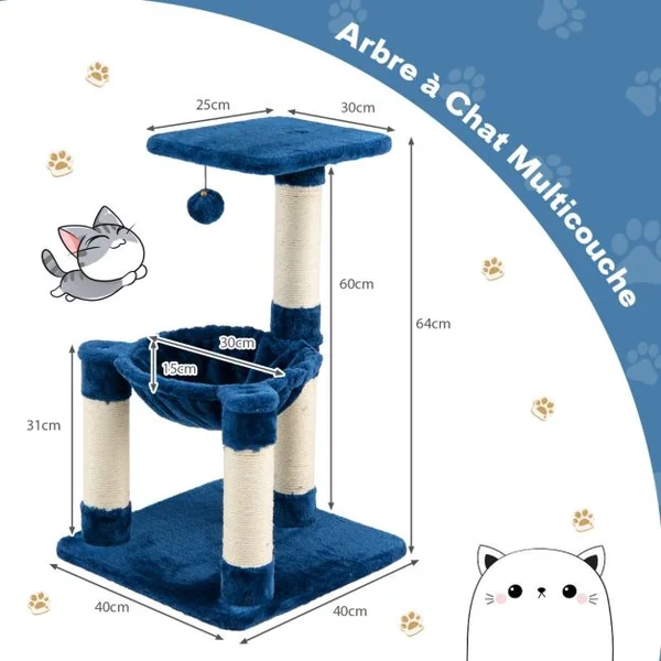 Arbre à Chat avec Griffoir de Sisal Hamac Confortable Balle Suspendue à Jouer Grande Plate-forme 40 x 40 x 64cm Gris/Bleu Marine